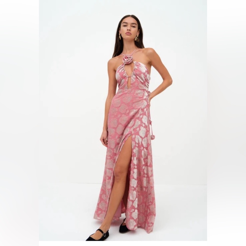 For Love & Lemons Raya Pink Silver Rosette Size Medium Maxi Dress FLAWS PLS READ